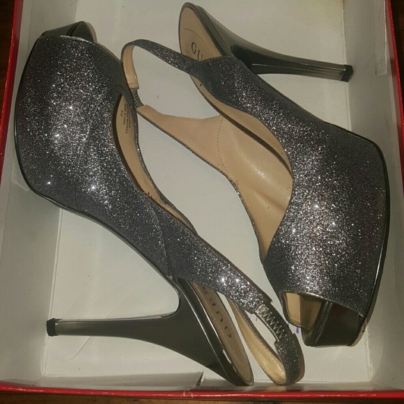 Guess Open Toe Sling Back Pewter Sparkle Glitter H - Picture 8 of 8